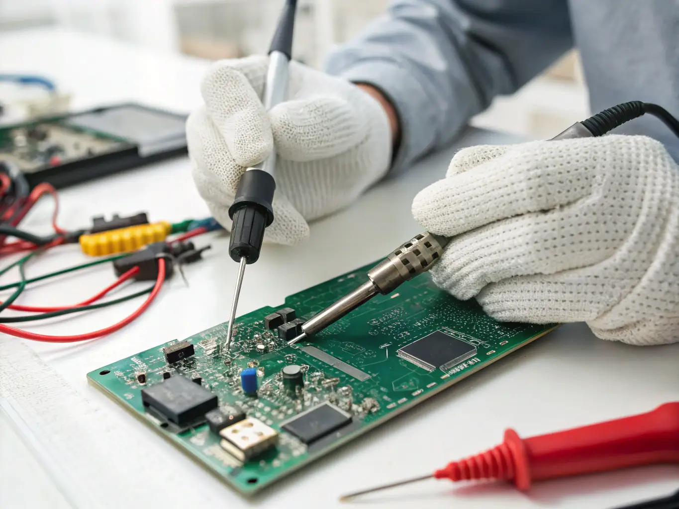 A detailed inspection of electronic components by a PocketChina quality control expert in a factory setting, highlighting the meticulous attention to detail and commitment to maintaining high standards.