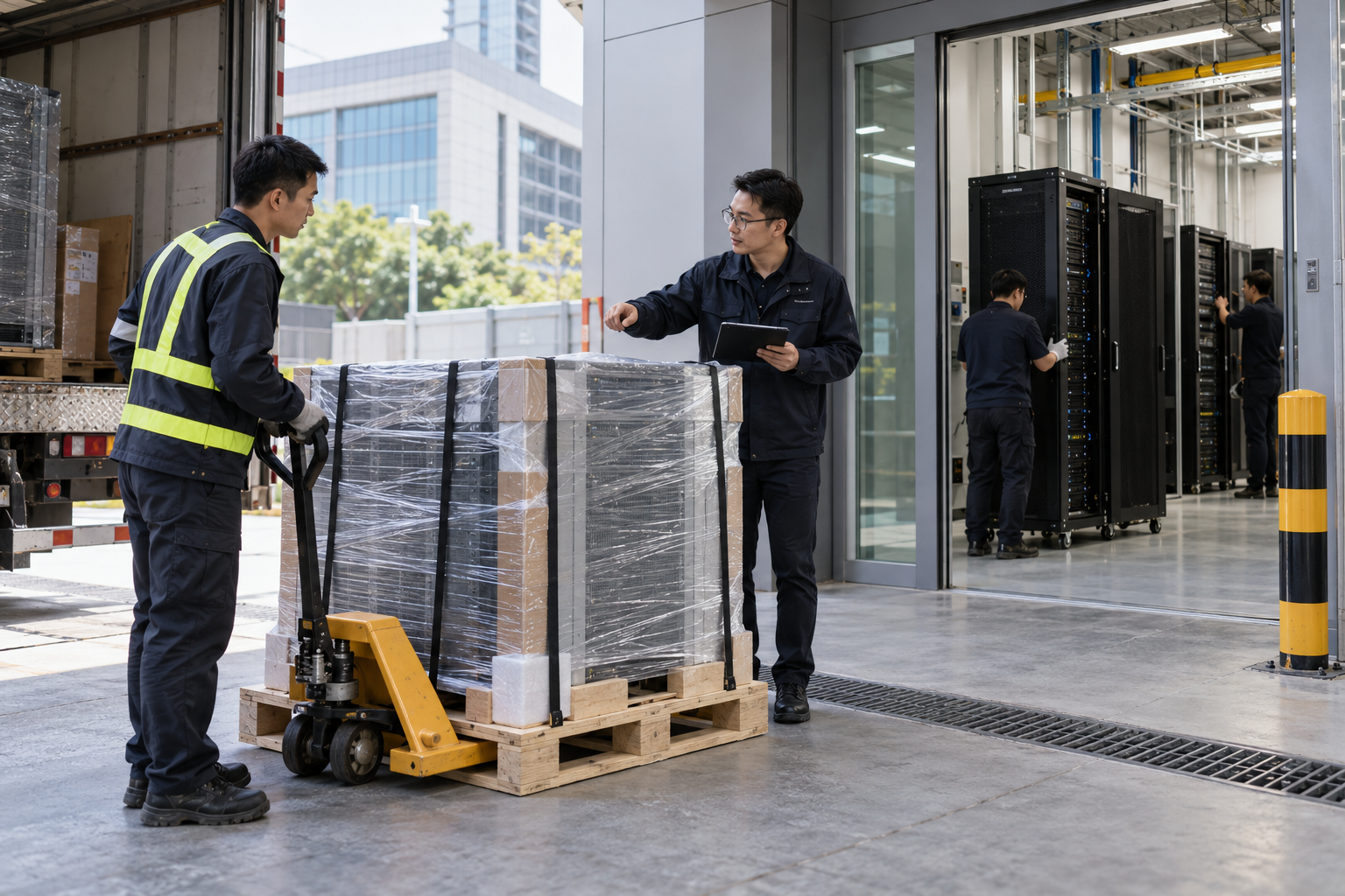 Local operations teams coordinate protected GPU server equipment at a data centre