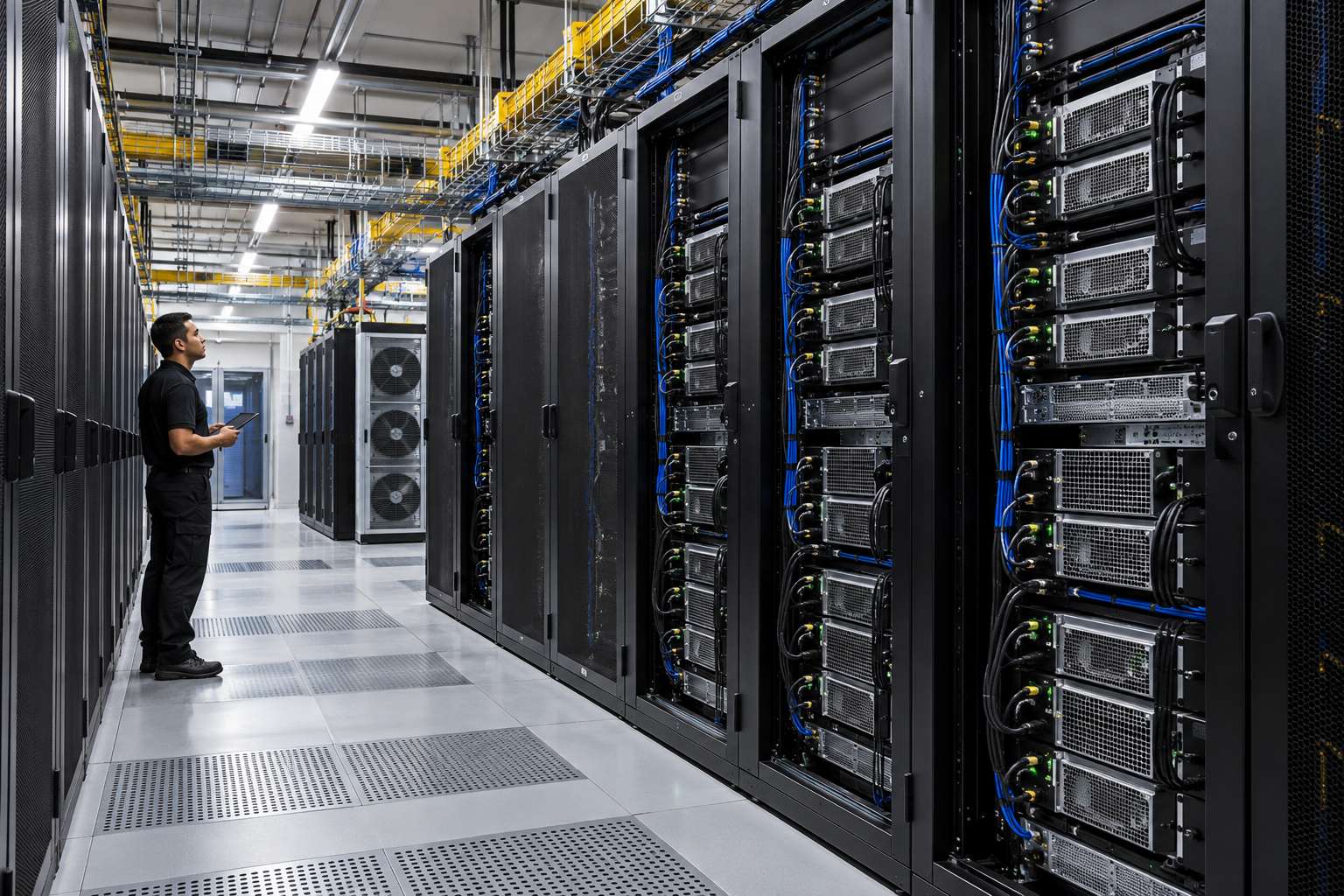 GPU server racks and cooling infrastructure in a data-centre aisle