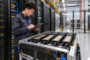 A data-centre engineer inspects GPU servers before deployment in China